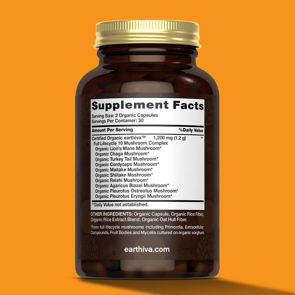 Organic Mushroom Capsules | Grown in a Certified US Facility | 10-in-1 Complex 1,200 mg | Lion’s Mane, Chaga, Turkey Tail, Maitake, Shiitake, Reishi  & More | Laboratory Tested | Superior Absorption